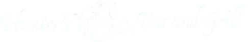 White logo with text Hunters Bar and Grill in script font, featuring a deer head silhouette and a hunting horn incorporated between the words.